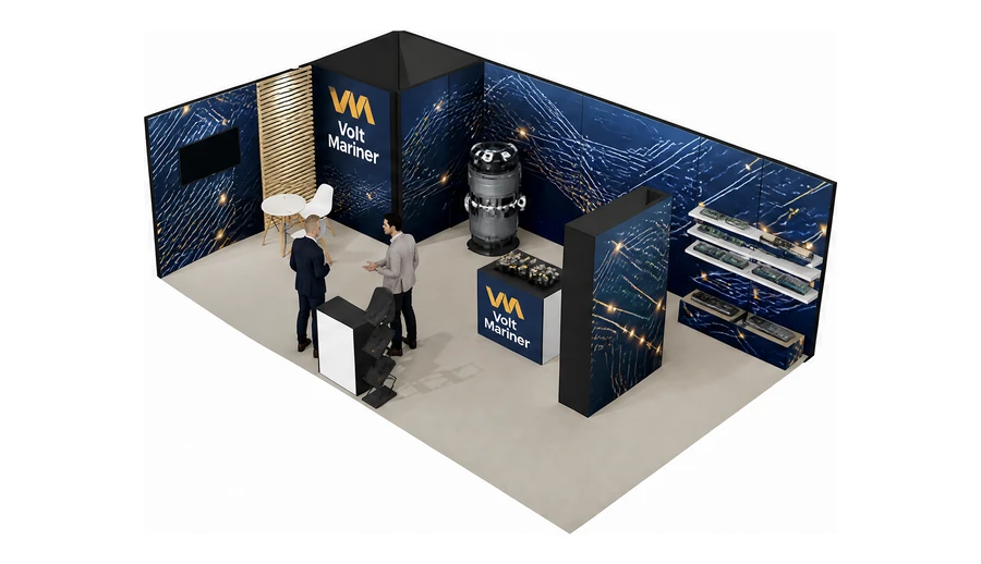 Stoisko 8 × 5 m narożne lewe dla branży komponenty elektroniczne, przykładowa marka Volt Mariner