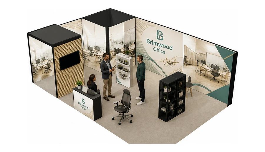 Stoisko 8 × 5 m narożne lewe dla branży meble biurowe, przykładowa marka Brimwood Office