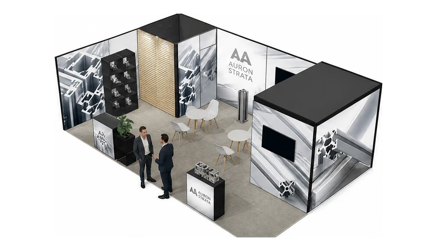 Stoisko 8 × 5 m narożne lewe dla branży profile aluminiowe, przykładowa marka Auron Strata