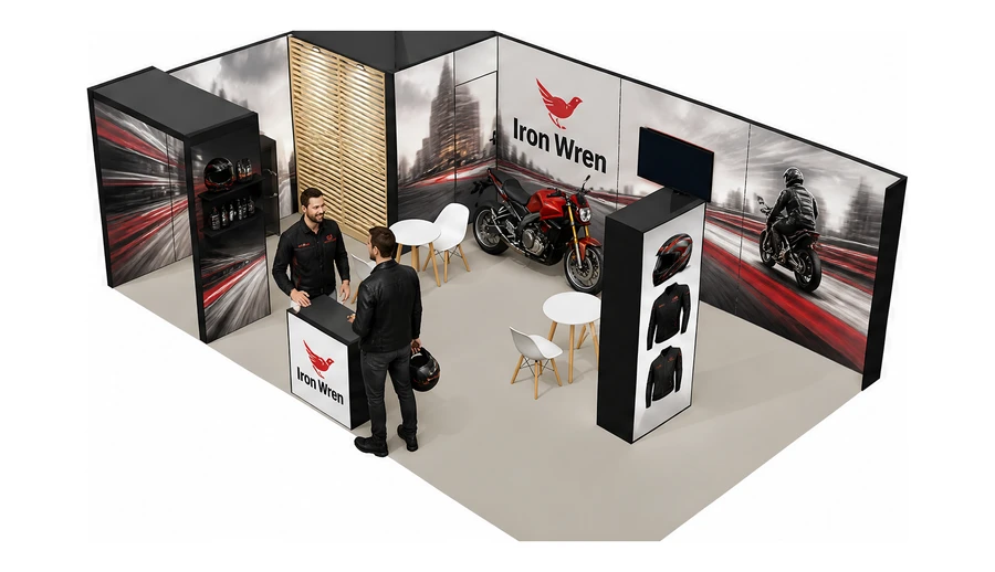 Stoisko 8 × 5 m narożne lewe dla branży motocykle i skutery, przykładowa marka Iron Wren