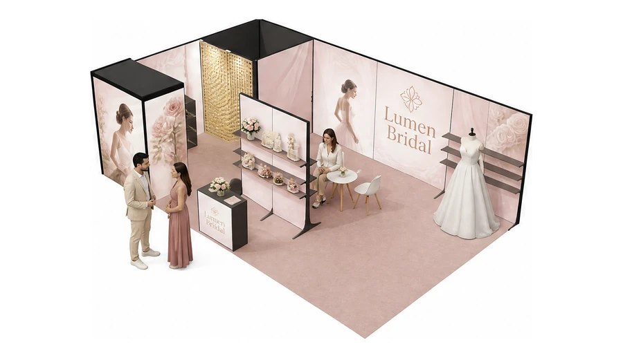 Stoisko 8 × 5 m narożne lewe dla branży branża ślubna, przykładowa marka Lumen Bridal