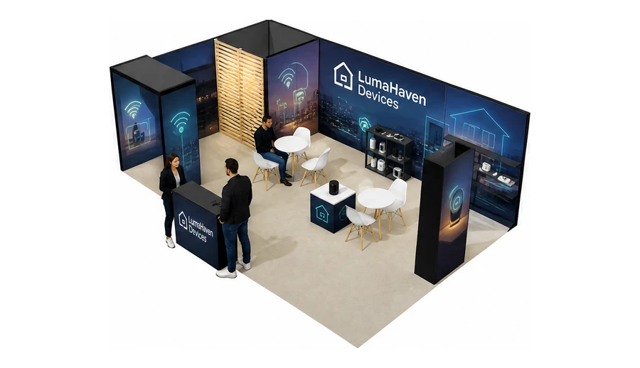 Stoisko 8 × 5 m narożne lewe dla branży smart home i IoT, przykładowa marka LumaHaven Devices