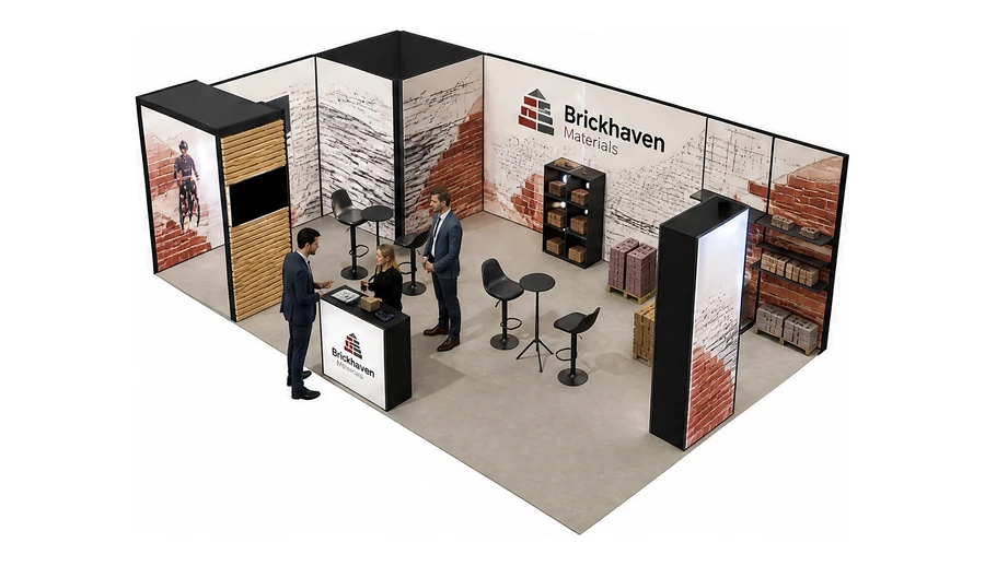 Stoisko 8 × 5 m narożne lewe dla branży materiały budowlane, przykładowa marka Brickhaven Materials