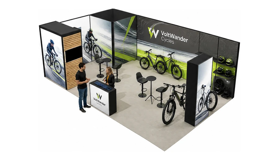 Stoisko 8 × 5 m narożne lewe dla branży rowery elektryczne, przykładowa marka VoltWander Cycles