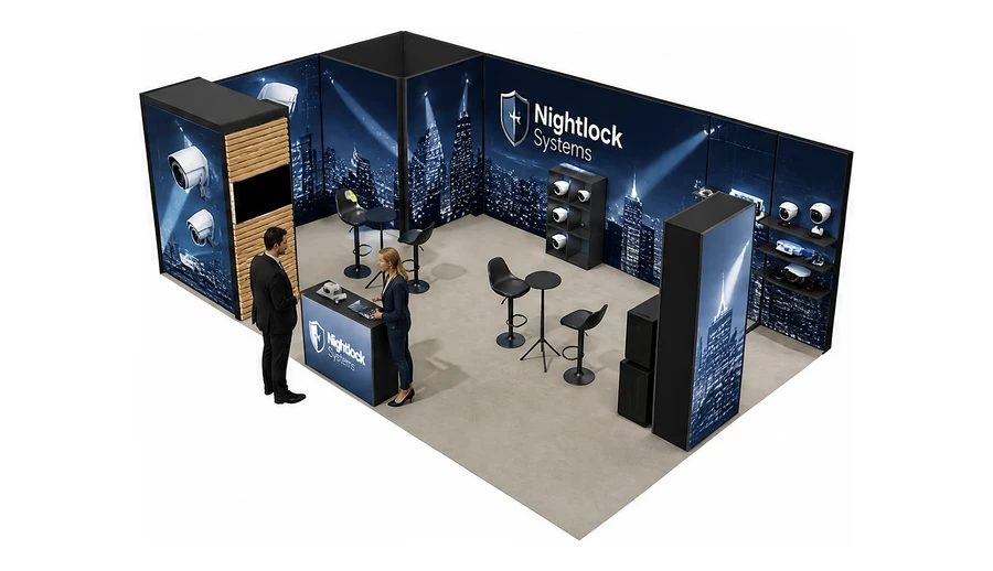 Stoisko 8 × 5 m narożne lewe dla branży systemy zabezpieczeń, przykładowa marka Nightlock Systems