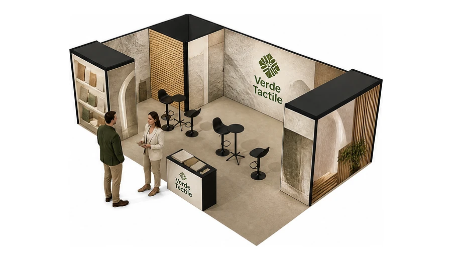 Stoisko 8 × 5 m narożne lewe dla branży wykończenie wnętrz, przykładowa marka Verde Tactile