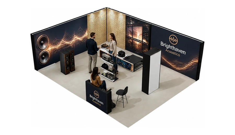 Stoisko 8 × 6 m narożne lewe dla branży sprzęt audio-video, przykładowa marka Brighthaven Acoustics