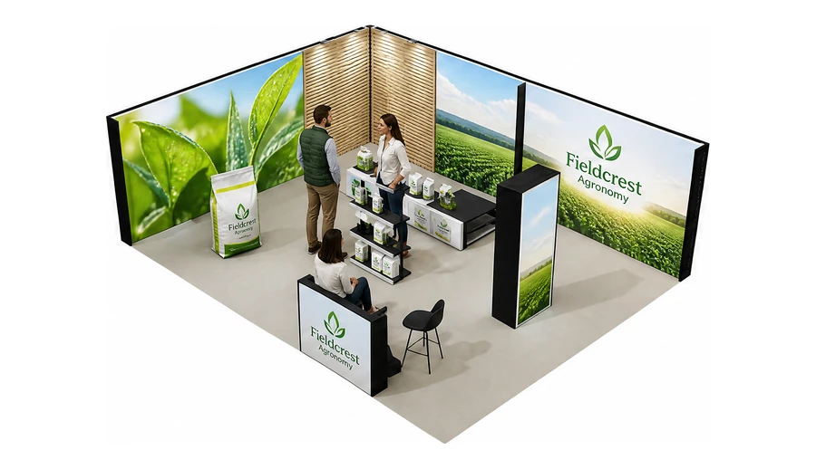 Stoisko 8 × 6 m narożne lewe dla branży nawozy i ochrona roślin, przykładowa marka Fieldcrest Agronomy