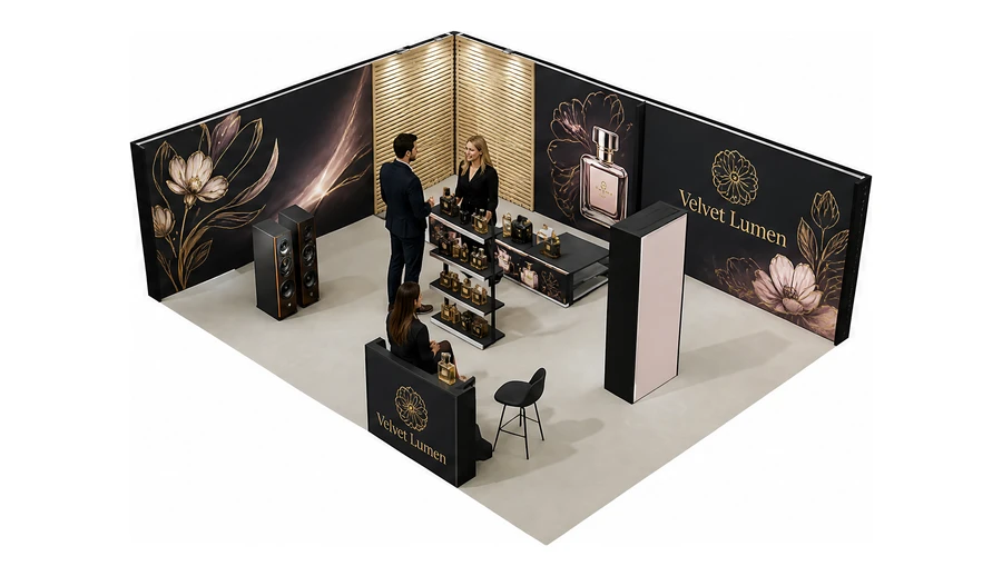 Stoisko 8 × 6 m narożne lewe dla branży perfumy, przykładowa marka Velvet Lumen