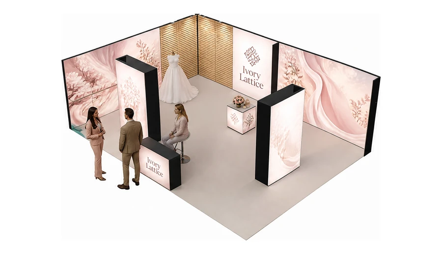 Stoisko 8 × 6 m narożne lewe dla branży branża ślubna, przykładowa marka Ivory Lattice
