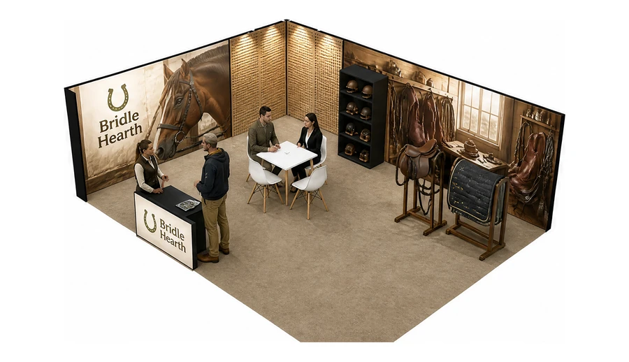 Stoisko 8 × 6 m narożne lewe dla branży jeździectwo, przykładowa marka Bridle Hearth