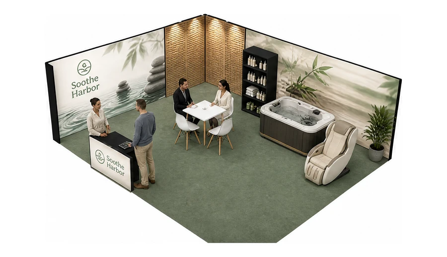 Stoisko 8 × 6 m narożne lewe dla branży spa i wellness, przykładowa marka Soothe Harbor