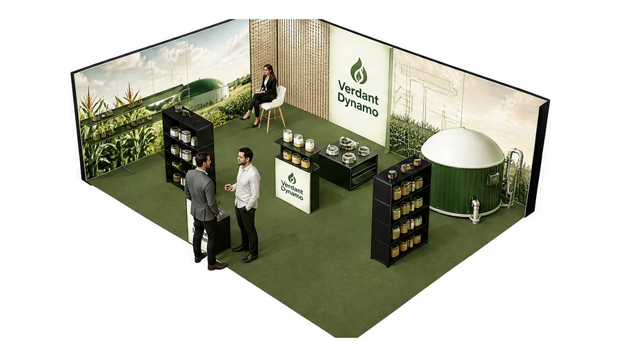 Stoisko 8 × 6 m narożne lewe dla branży biogaz i OZE, przykładowa marka Verdant Dynamo