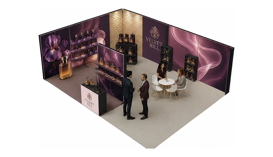 Stoisko 8 × 6 m narożne lewe dla branży perfumy, przykładowa marka Velvet Rill