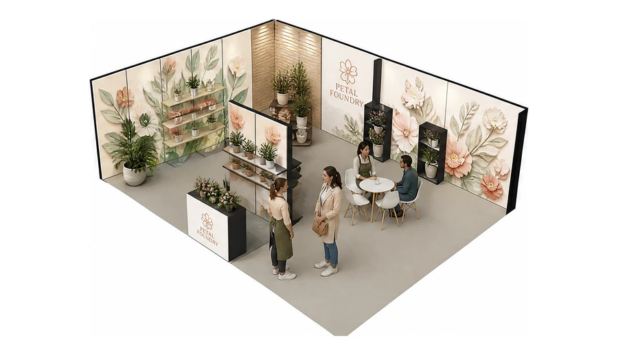 Stoisko 8 × 6 m narożne lewe dla branży rośliny i kwiaciarstwo, przykładowa marka Petal Foundry
