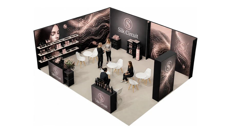 Stoisko 8 × 6 m narożne lewe dla branży fryzjerstwo i salony beauty, przykładowa marka Silk Circuit