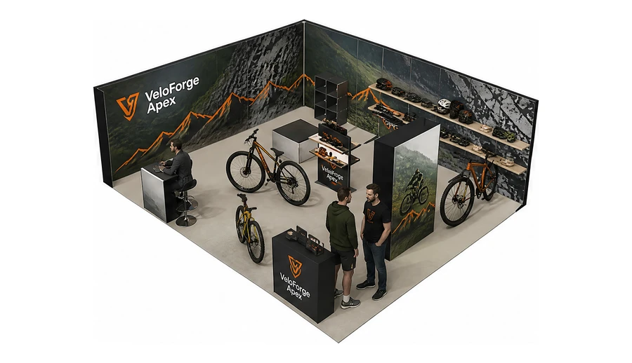 Stoisko 8 × 6 m narożne lewe dla branży sprzęt sportowy, przykładowa marka VeloForge Apex