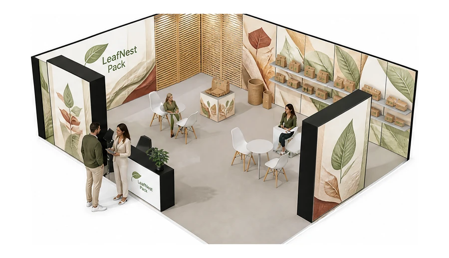 Stoisko 8 × 6 m narożne lewe dla branży opakowania ekologiczne, przykładowa marka LeafNest Pack