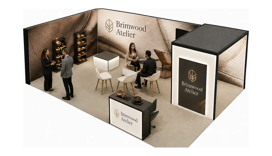 Stoisko 8 × 6 m narożne lewe dla branży meble designerskie, przykładowa marka Brimwood Atelier