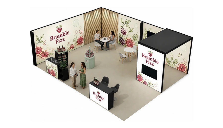 Stoisko 8 × 6 m narożne lewe dla branży napoje, przykładowa marka Bramble Fizz