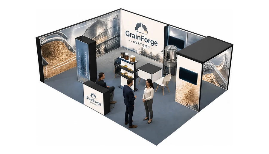 Stoisko 8 × 6 m narożne lewe dla branży technologie spożywcze, przykładowa marka GrainForge Systems