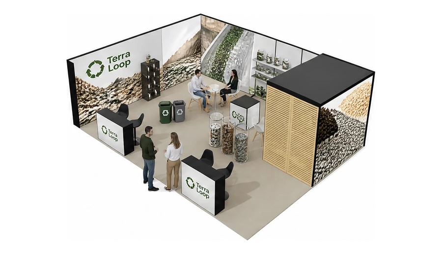 Stoisko 8 × 6 m narożne lewe dla branży recykling i ochrona środowiska, przykładowa marka Terra Loop