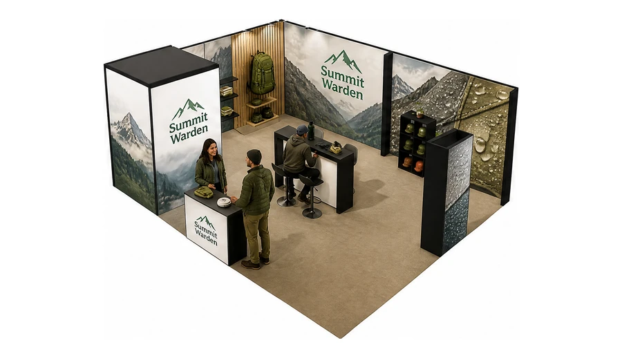 Stoisko 8 × 6 m narożne lewe dla branży odzież i sprzęt outdoorowy, przykładowa marka Summit Warden