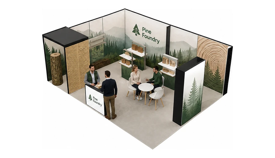 Stoisko 8 × 6 m narożne lewe dla branży leśnictwo i przemysł drzewny, przykładowa marka Pine Foundry