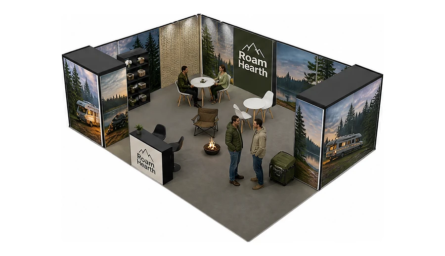 Stoisko 8 × 6 m narożne lewe dla branży caravaning i kampery, przykładowa marka Roam Hearth