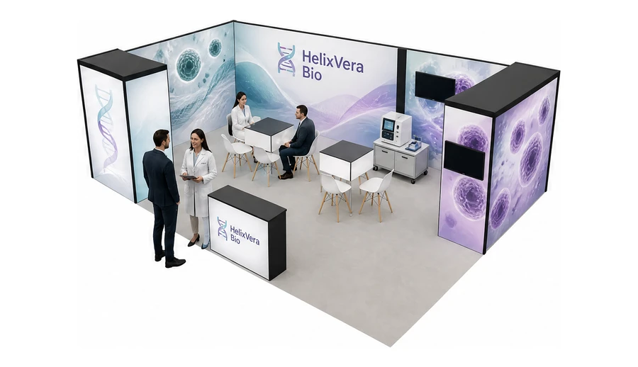 Stoisko 8 × 6 m narożne lewe dla branży farmacja i biotechnologia, przykładowa marka HelixVera Bio