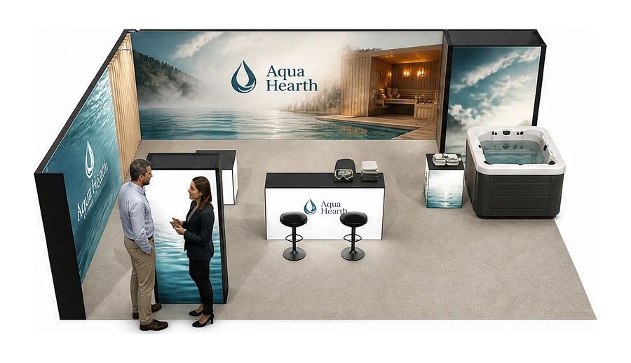 Stoisko 8 × 6 m narożne lewe dla branży baseny i sauny, przykładowa marka Aqua Hearth