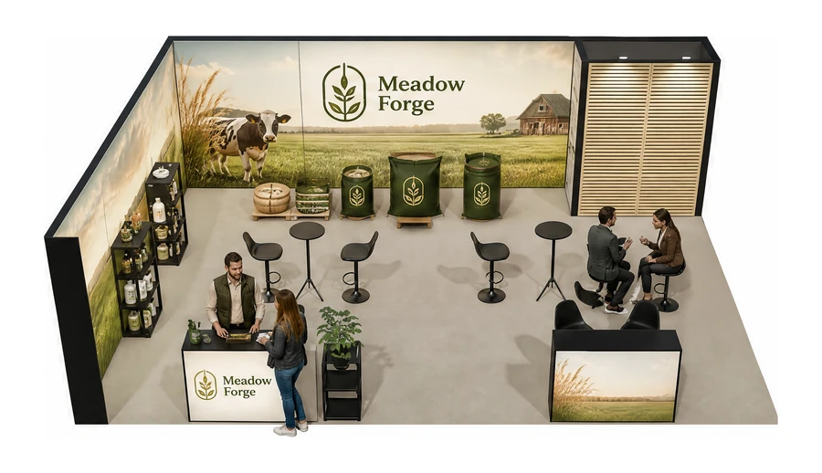 Stoisko 8 × 6 m narożne lewe dla branży hodowla i pasze, przykładowa marka Meadow Forge