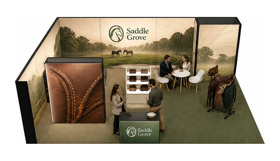 Stoisko 8 × 6 m narożne lewe dla branży jeździectwo, przykładowa marka Saddle Grove