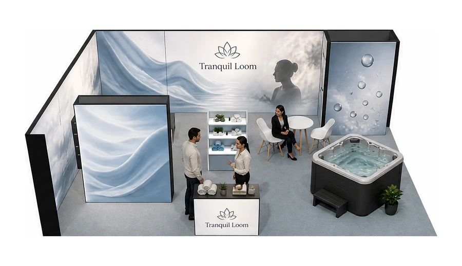 Stoisko 8 × 6 m narożne lewe dla branży spa i wellness, przykładowa marka Tranquil Loom