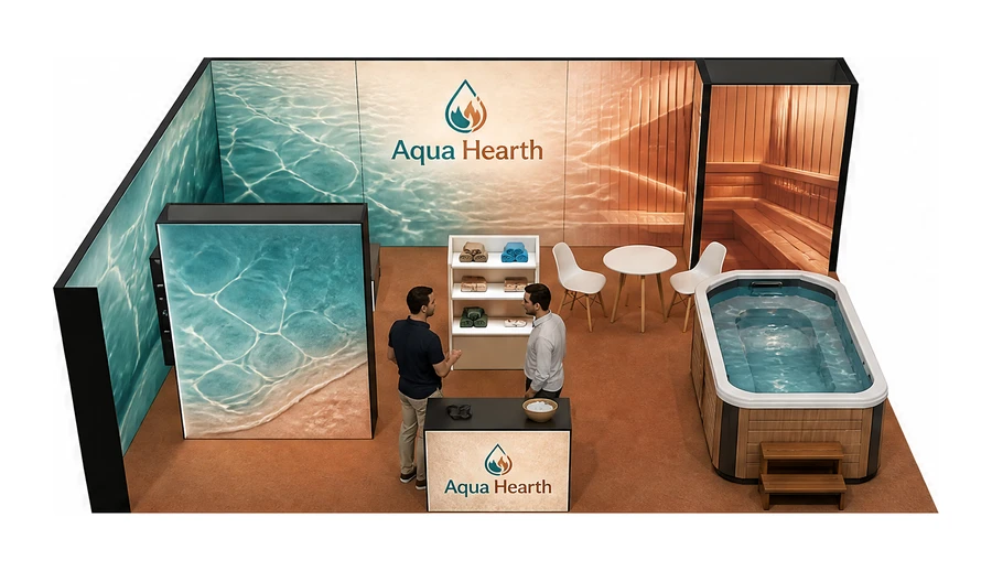 Stoisko 8 × 6 m narożne lewe dla branży baseny i sauny, przykładowa marka Aqua Hearth