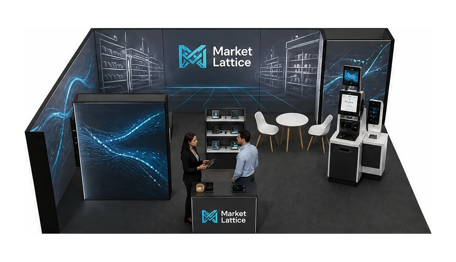 Stoisko 8 × 6 m narożne lewe dla branży technologie dla handlu, przykładowa marka Market Lattice
