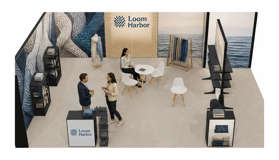 Stoisko 8 × 6 m narożne lewe dla branży tekstylia i tkaniny, przykładowa marka Loom Harbor