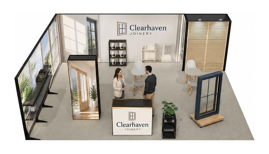 Stoisko 8 × 6 m narożne lewe dla branży okna i drzwi, przykładowa marka Clearhaven Joinery