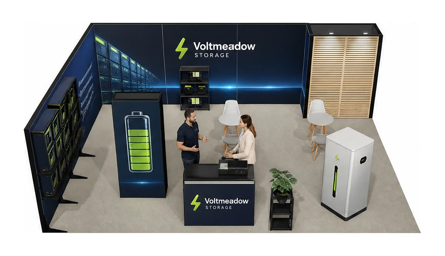 Stoisko 8 × 6 m narożne lewe dla branży magazyny energii, przykładowa marka Voltmeadow Storage