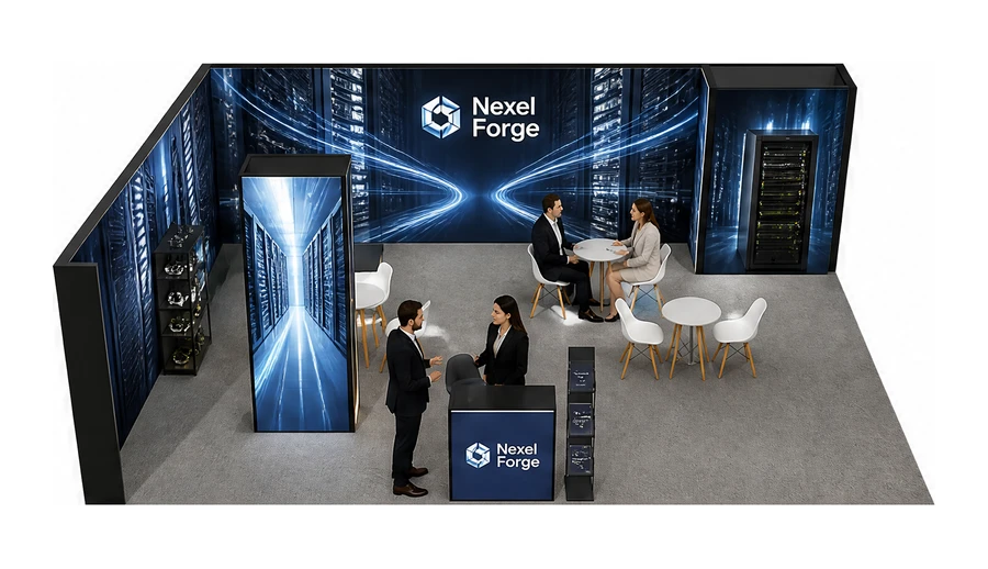 Stoisko 8 × 6 m narożne lewe dla branży infrastruktura IT i data center, przykładowa marka Nexel Forge