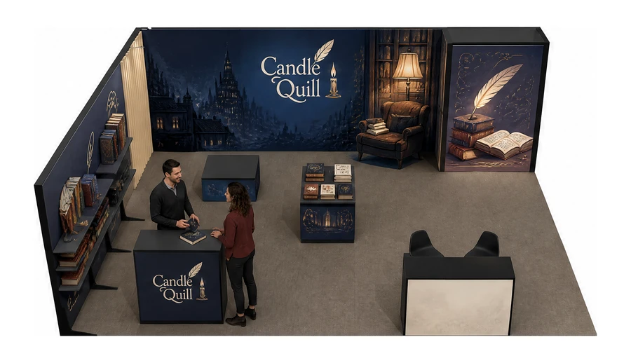 Stoisko 8 × 6 m narożne lewe dla branży wydawnictwa, przykładowa marka Candle Quill