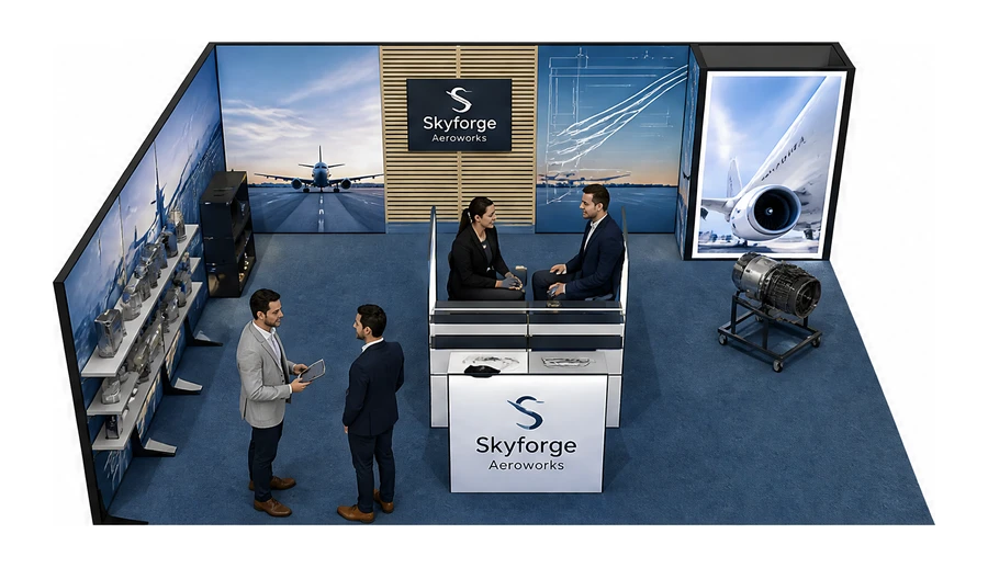 Stoisko 8 × 6 m narożne lewe dla branży lotnictwo, przykładowa marka Skyforge Aeroworks