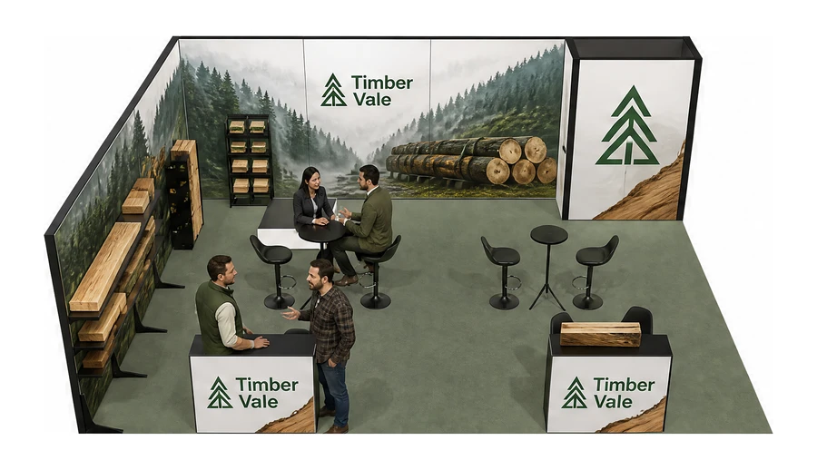 Stoisko 8 × 6 m narożne lewe dla branży leśnictwo i przemysł drzewny, przykładowa marka Timber Vale