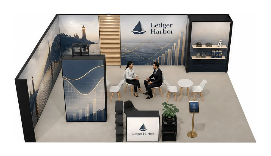 Stoisko 8 × 6 m narożne lewe dla branży usługi finansowe i księgowe, przykładowa marka Ledger Harbor