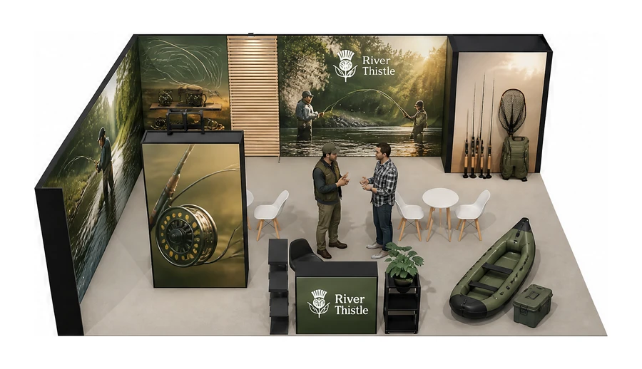 Stoisko 8 × 6 m narożne lewe dla branży wędkarstwo, przykładowa marka River Thistle