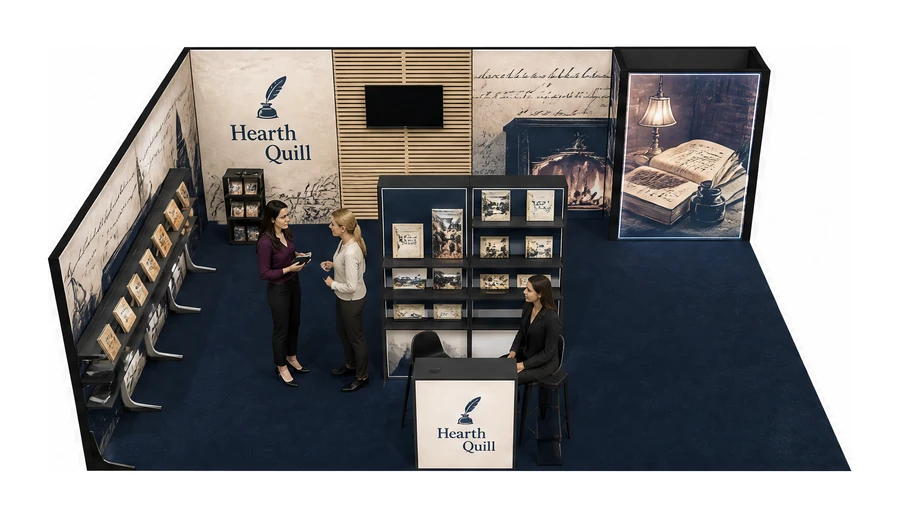Stoisko 8 × 6 m narożne lewe dla branży wydawnictwa, przykładowa marka Hearth Quill