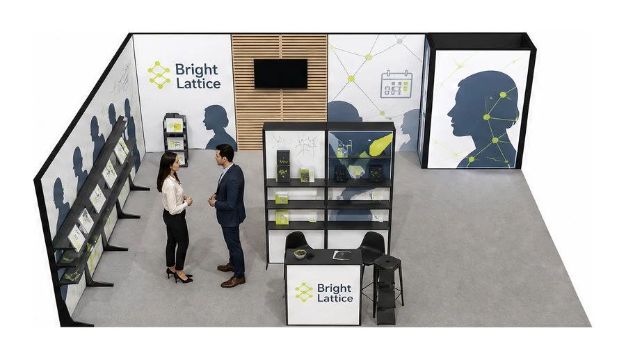 Stoisko 8 × 6 m narożne lewe dla branży HR i rekrutacja, przykładowa marka Bright Lattice