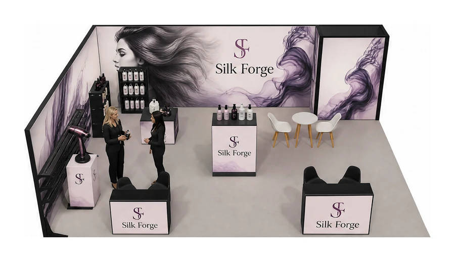 Stoisko 8 × 6 m narożne lewe dla branży fryzjerstwo i salony beauty, przykładowa marka Silk Forge