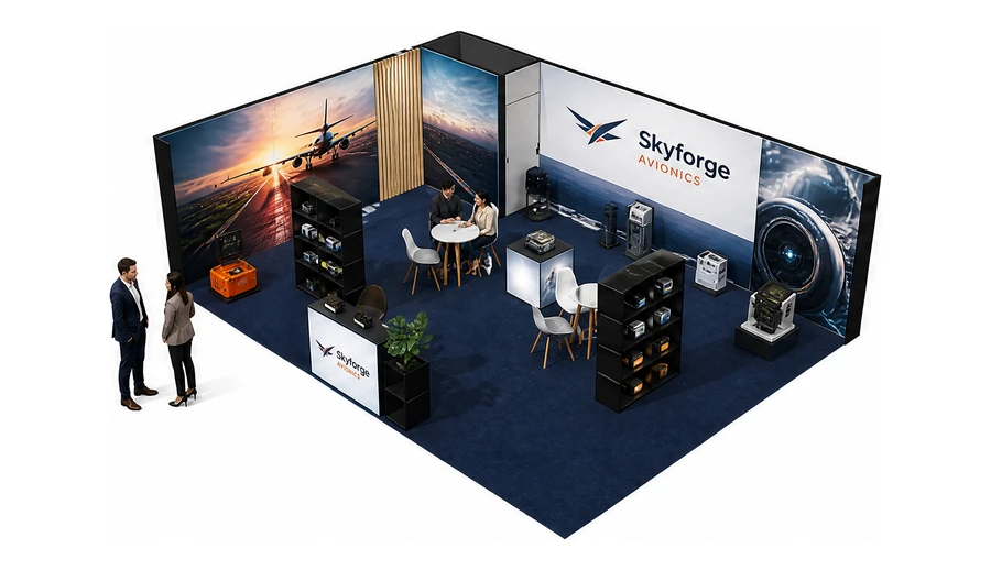 Stoisko 8 × 6 m narożne lewe dla branży lotnictwo, przykładowa marka Skyforge Avionics