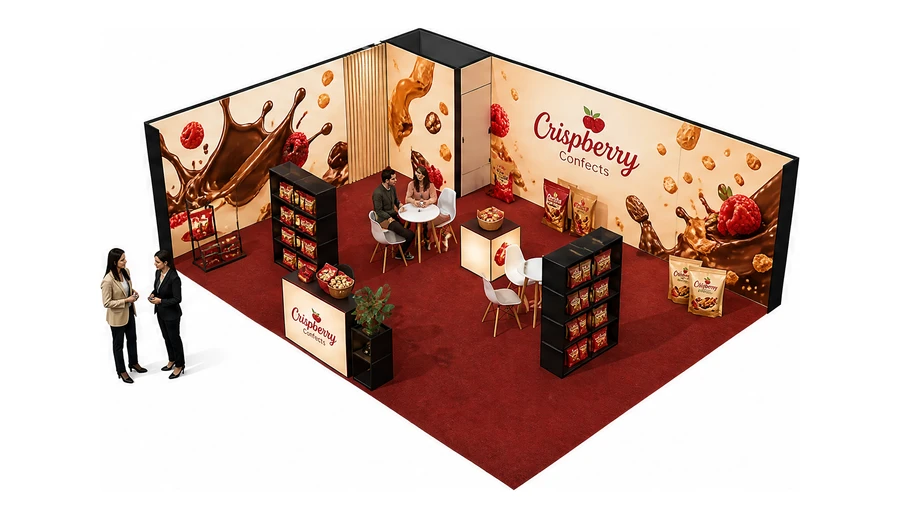 Stoisko 8 × 6 m narożne lewe dla branży słodycze i przekąski, przykładowa marka Crispberry Confects